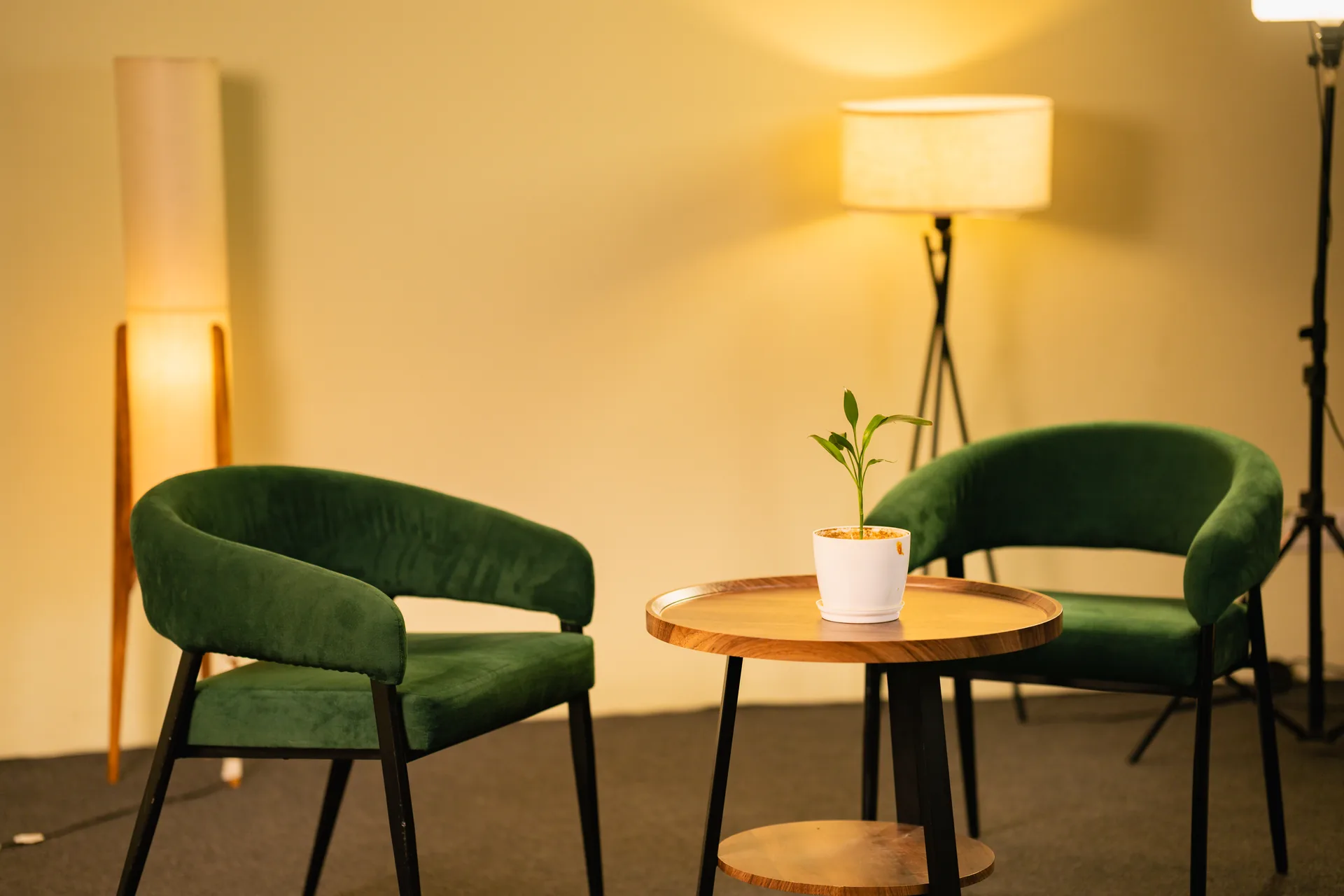 Close view of green chairs and table on the warm studio set